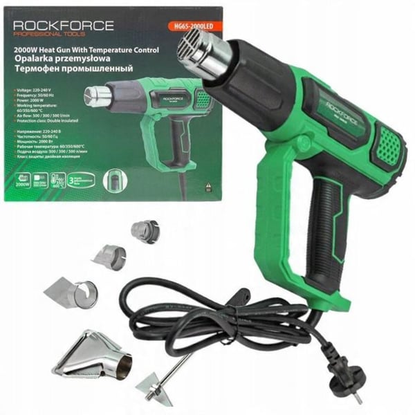 Rockforce Elektrisk värmepistol med munstycken (230 V, 50/60 Hz, 2 000 W, 60/350/600 grader, 50/300/500 l/min)