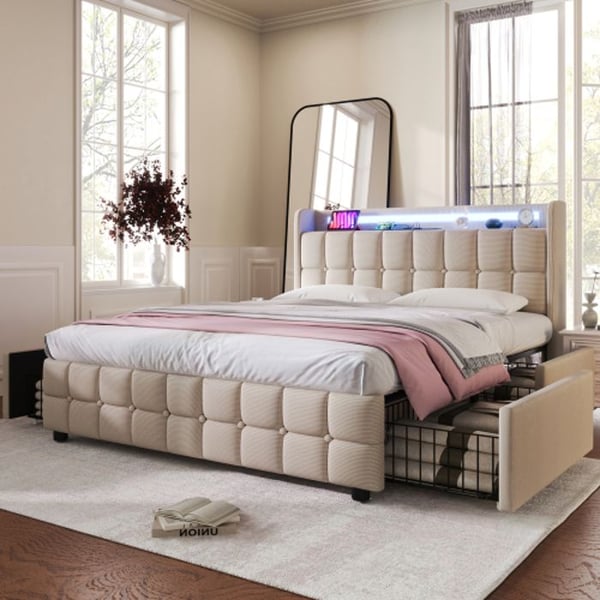 Dobbelt seng - MUVOE - 180x200 cm - Beige - LED-belysning - 4 skuffer - USB-opladning