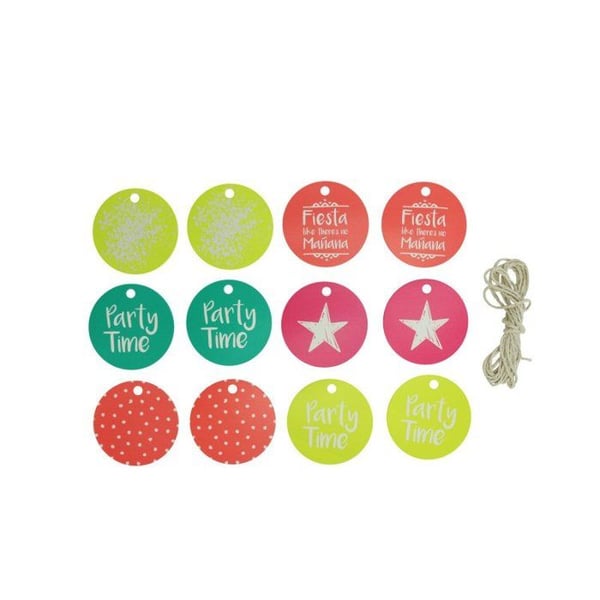 MégaCréa DIY - Fluorescerande rund etikett med meddelande 6 cm med snöre 12 stycken