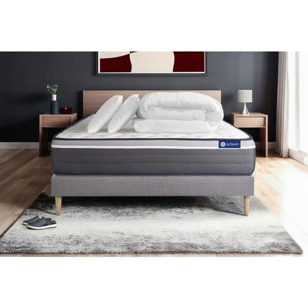 Komplett sängpaket 200x200 cm - Madrass + Sängbotten Grå (i kit) + 2 kuddar + Täcke - Actilatex Pl
