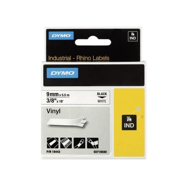 DYMO Rhino - Industriella vinyletiketter 9 mm x 5,5 m - Svart på vitt - Självhäftande - Termisk överföring