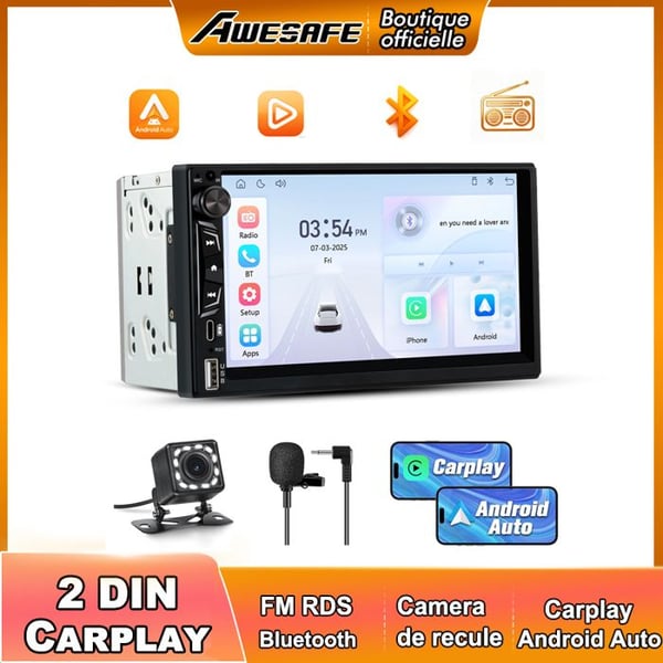 AWESAFE Bilradio 2 Din Carplay Android Auto Trådlös 7 Tum IPS Pekskärm med Bluetooth GPS Typ-C USB AUX Backkamera