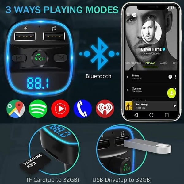 FM Bluetooth Sender - LENCENT - T25 - Håndfri Opkald - Biloplader - 2 U