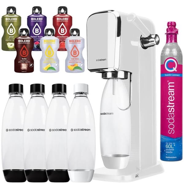 Kolsyrat vattenmaskin - SODASTREAM - Vit konst - 4 flaskor 1L - 6 st Bolero utan socker