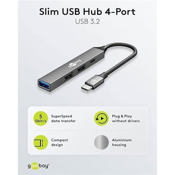 USB 3.2-hub - GOOBAY - Slim - 4 portar - Aluminium - Hög kompatibilitet