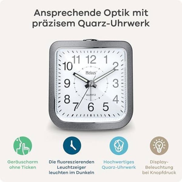 Analog väckarklocka - MEBUS - Tyst - Luminösa visare - Snooze-alarm - Inbyggd belysning