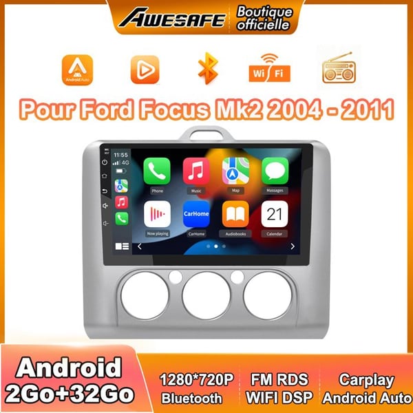 AWESAFE Autoradio Android 13 för Ford Focus Mk2 (2004-2011) 2Go+32Go med 9'' Touchscreen Carplay Android Auto GPS Bluetooth FM