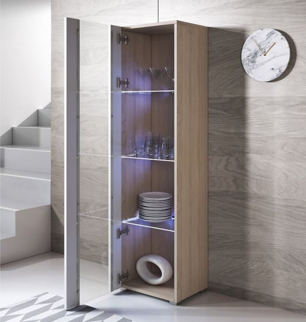 DESIGN AMEUBLEMENT - Glänsande LED-vitrinskåp - Vit & Sonoma - 1 dörr 4 fack - 40x29x167 cm