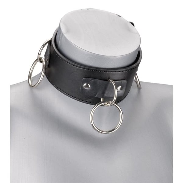 Läderhalsband BDSM 3 ringar + koppel - Svart