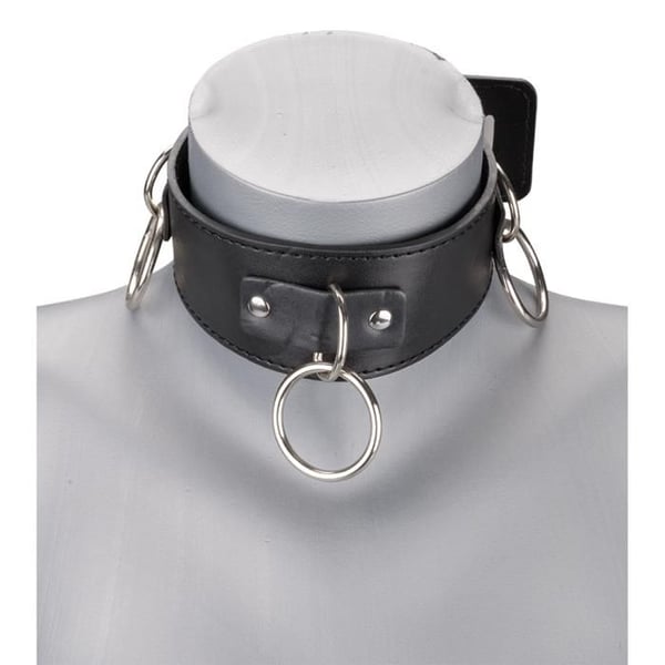 Läderhalsband BDSM 3 ringar + koppel - Svart