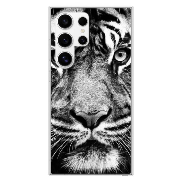 Tryckt silikonfodral som är kompatibelt med Samsung Galaxy S24 Ultra vit och svart tiger