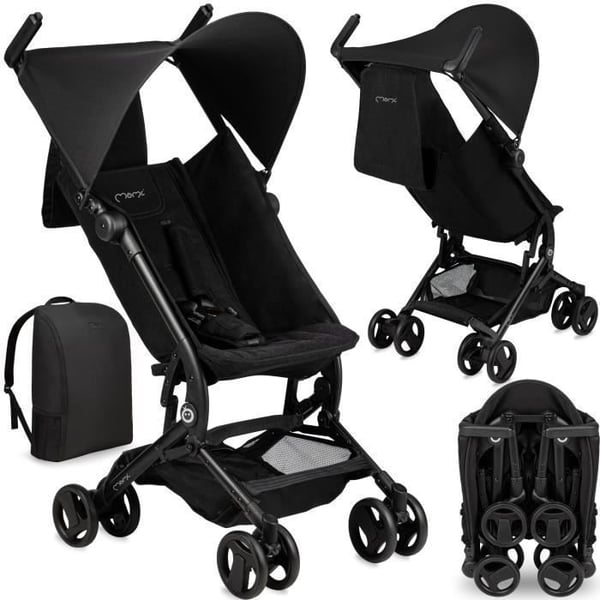 MoMi GRACE - Ultra kompakt barnvagn med ryggsäck - Lätt 6,2 kg - Stå-funktion när ihopfälld - Upp till 15 kg - Svart