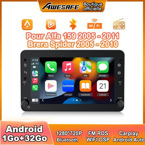 AWESAFE Bilradio Android 13 för Alfa 159 Brera Spider 1Go+32Go med 7'' Pekskärm Carplay Android Auto GPS WiFi FM