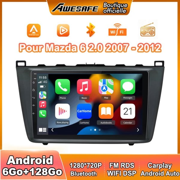 AWESAFE Autoradio Android 13 för Mazda 6 2.0 (2007-2012) 6Go+128Go med 9'' pekskärm Carplay Android Auto GPS Bluetooth