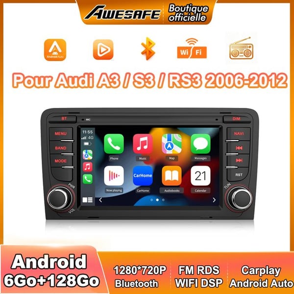 AWESAFE 4G Autoradio Android 13 för Audi A3 8P/S3/RS3/Sportback 6Go+128Go med 7'' Pekskärm Carplay Android Auto GPS WiFi FM