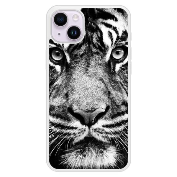 Skyddande silikonskal med tryck kompatibelt med Apple iPhone 15 Plus, vit och svart tiger.