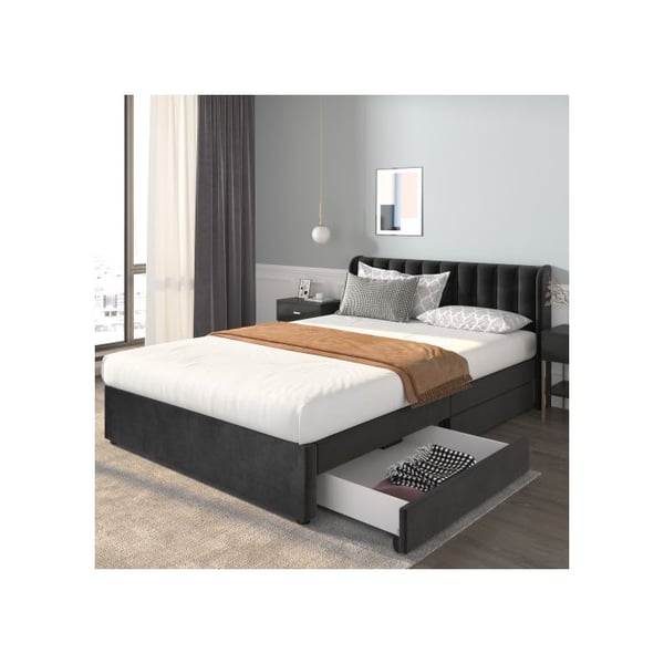 Seng - MUVOE - 160 x 200 cm - Sort velour - 2 skuffer - Lamelseng