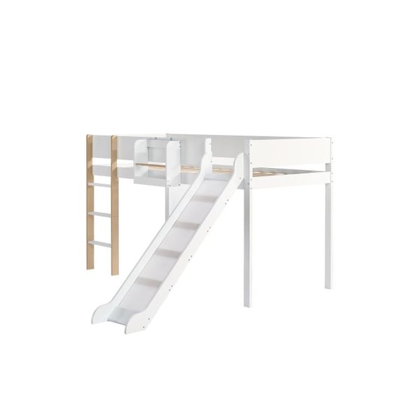 Lys mezzanin med flytbare opbevaringshylder, fyr + MDF, hvid + naturlig træfinish, 90 x 200 cm
