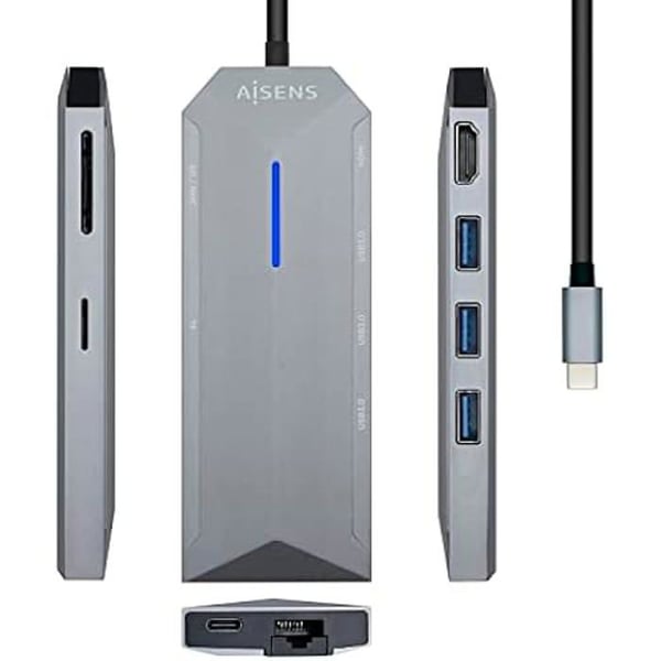 AISENS - USB-C DOCK 8 IN 1, USB-C A 1xHDMI, 1xRJ45, 3xUSB, 1xPD, 1xSD, 1xMICRO SD, GRÅ, 15CM