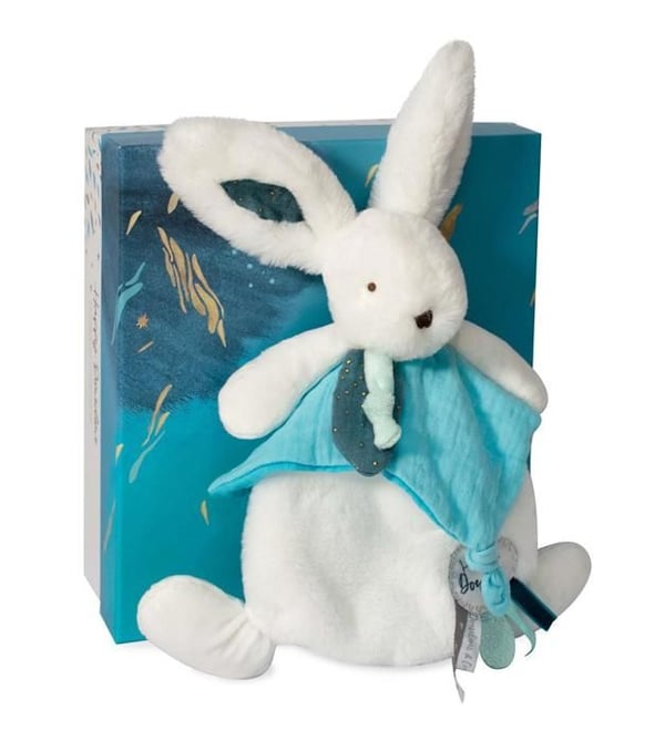 Doudou et Compagnie - Doudou Rabbit -25 cm - Valkoinen / Peacock Blue - Peacock Pompom Rabbit - Lahjaideo - Hyvää popia - Happy Doudou sinulle