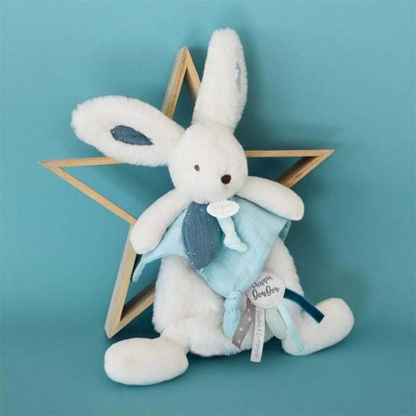 Doudou et Compagnie - Doudou Rabbit -25 cm - Valkoinen / Peacock Blue - Peacock Pompom Rabbit - Lahjaideo - Hyvää popia - Happy Doudou sinulle