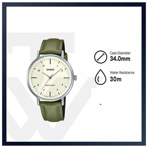 Klocka - CASIO - LTP-VT03L-3B - Grön läder - Vattentålig 100m - Diameter 34mm