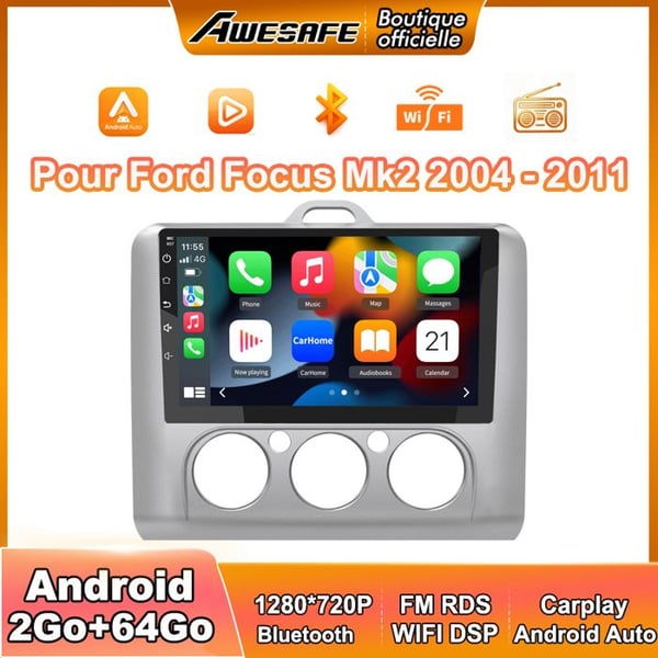 AWESAFE Autoradio Android 13 för Ford Focus Mk2 (2004-2011) 2Go+64Go med 9'' pekskärm Carplay Android Auto GPS Bluetooth FM