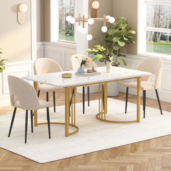 Matbord - 140x80cm - Vit/guld marmor - Metallram - 6 platser