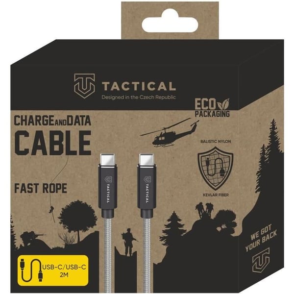 Strømledning - TACTICAL - USB-C/USB-C - 100W - 20V - 5A - 2m Grå