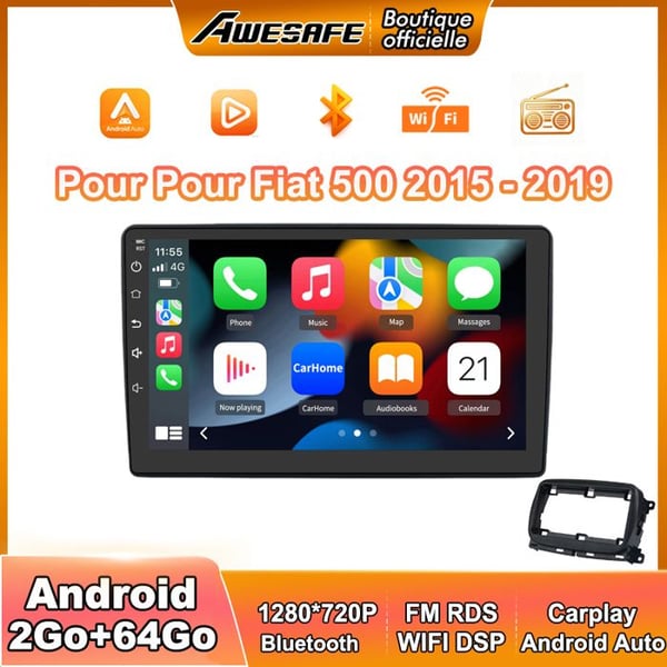 AWESAFE Autoradio Android 13 För Fiat 500 (2016-2019) 2Go+64Go 9'' Touchskärm Bluetooth Carplay Android Auto GPS WiFi Svart