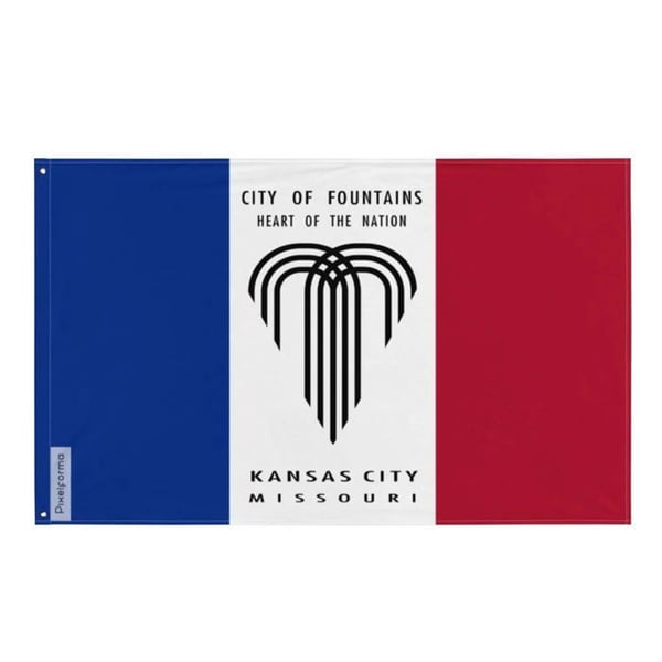 Kansas City-flagga – 64 x 96 cm – Hållbar polyester – 2 metallöglor – Inomhus / Utomhus – Pixelforma