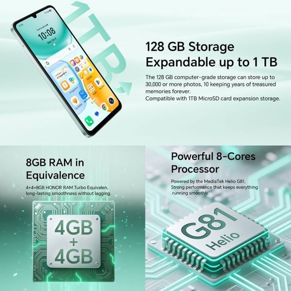 Smartphone 4G - HONOR X5c Plus - 4GB RAM - 128GB - Grøn - Ultra klar kamera 50 Mpx - 5260mAh - EU-version