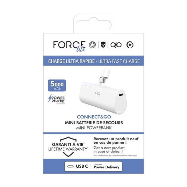 Powerbank - FORCE POWER - Lite - 5000 mAh - Power Delivery 20W - USB-C integrerad