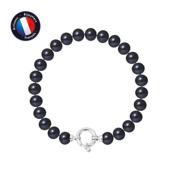 Armband - PERLINEA - Äkta sötvattenskulturpärla 7-8 mm - 925 Silver - Svart - Längd 18 cm