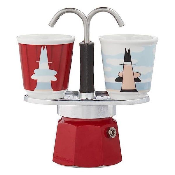 Set italiensk kaffekokare + 2 koppar - BIALETTI - Mini-express MAGRITTE - Inox / Röd