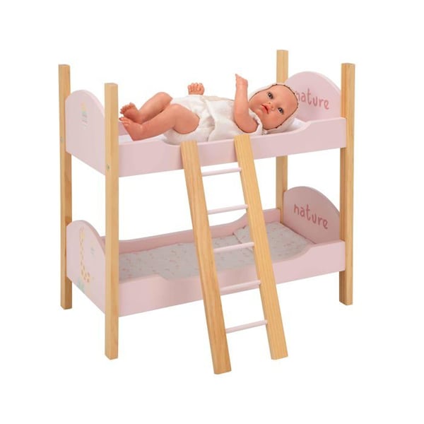 Översta träbädd för dockor - Arias - 50x27.5x49.5 cm - Rosa - Skala inkluderad - 2 kuddar - 2 sängkläder