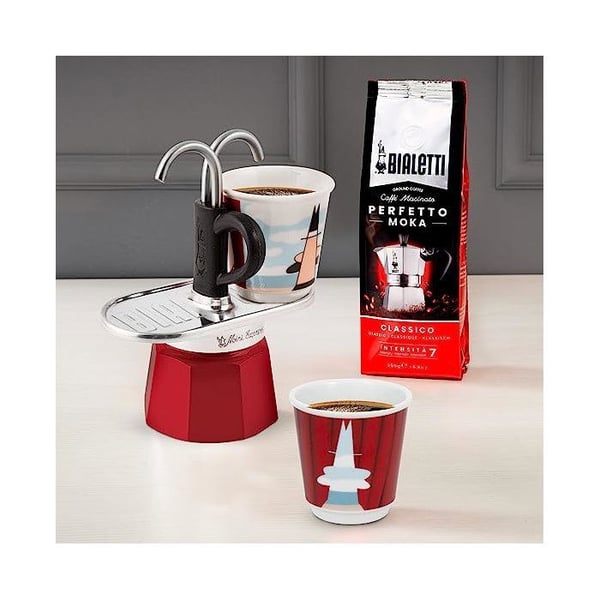Set italiensk kaffekokare + 2 koppar - BIALETTI - Mini-express MAGRITTE - Inox / Röd