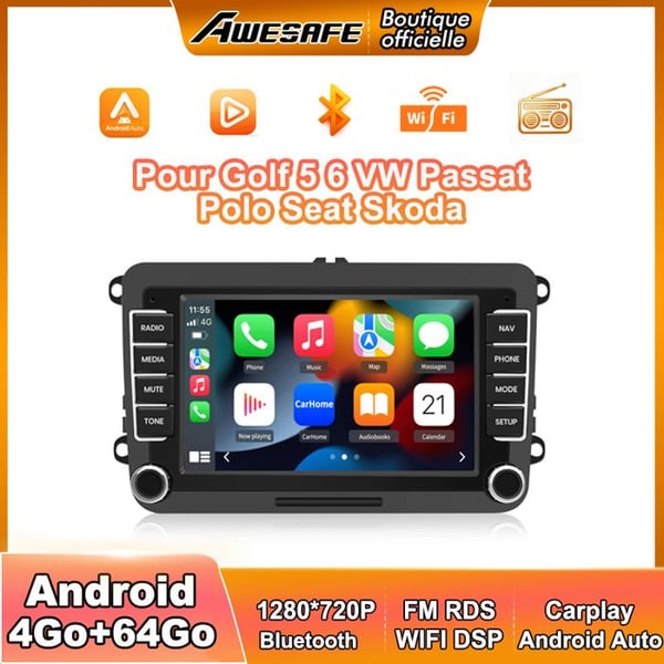 AWESAFE 4G Bilradio Android 13 för Golf 5 6 VW Passat Polo Seat Skoda 4Go+64Go med 7'' Pekskärm Carplay Android Auto GPS