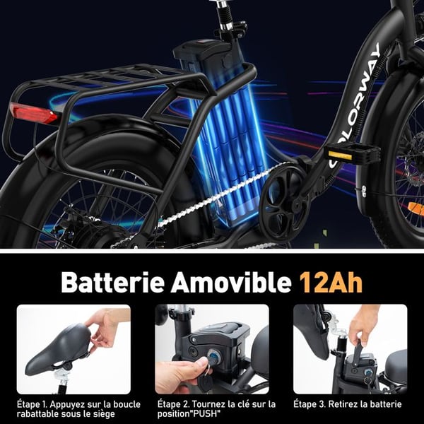 COLORWAY Sähköinen taitettava polkupyörä 20"*3.0 paksut renkaat, akku 36V 12Ah, taitettava E-BIKE, musta + HITWAY takakori