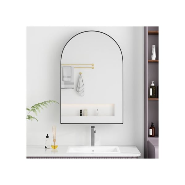 Elegant badmöbel med böjda spegeldörrar, väggskåp med metallram, svart.