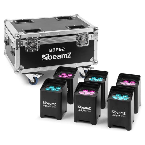 BeamZ BBP62 Pack med 6 PAR Uplight Strålkastare med långvarigt batteri och flightcase - 6x LEDs 12W RGBWA-UV