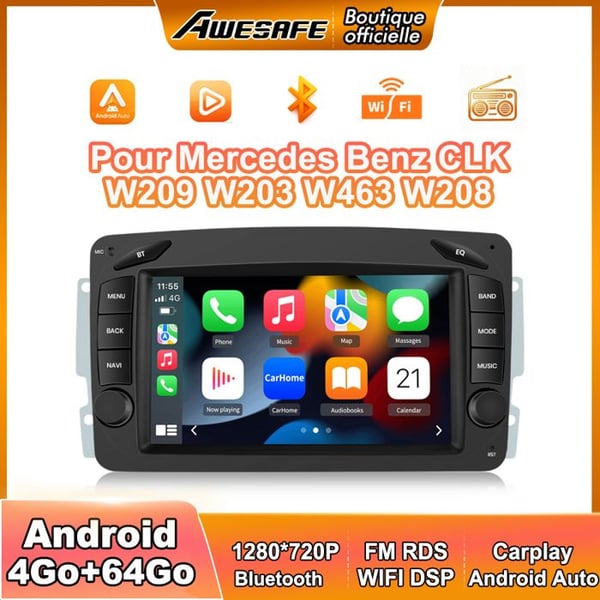 AWESAFE 4G Autoradio Android 13 för Mercedes Benz CLK W209 W203 W463 W208 4Go+64Go med 7'' Skärm Android Auto Carplay