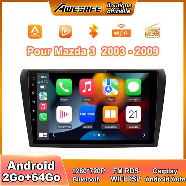 AWESAFE Autoradio Android 13 för Mazda (2003-2009) 2Go+64Go med 9'' pekskärm Carplay GPS WiFi USB SD Bluetooth Android Auto