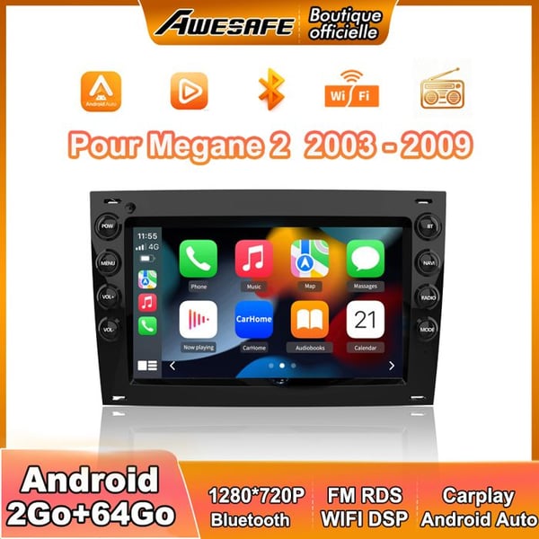 AWESAFE Bilradio Android 13 2Go+64Go för Megane 2 (2003-2009) 7 '' Touchscreen Carplay Android Auto Bluetooth WiFi RDS