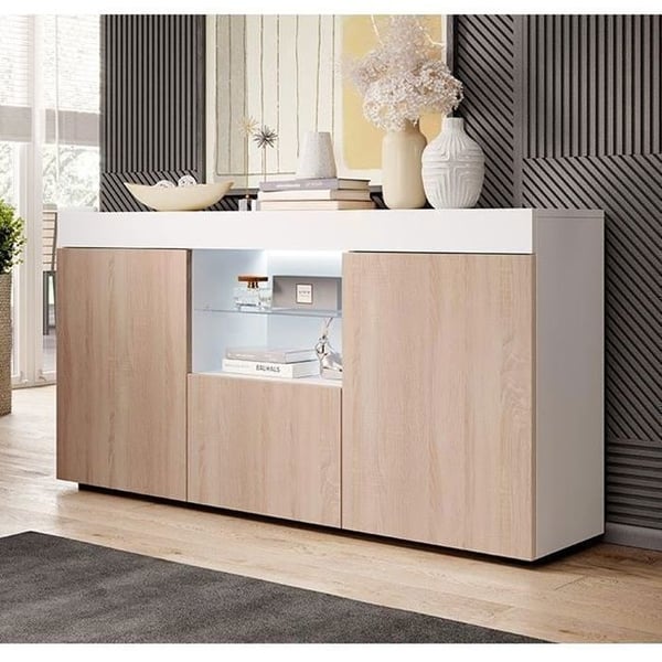 DESIGN AMEUBLEMENT - Låg samtida skänk - Matt melamin, LED - Vit/Sonoma - 3 dörrar - L135×H73×D34 cm