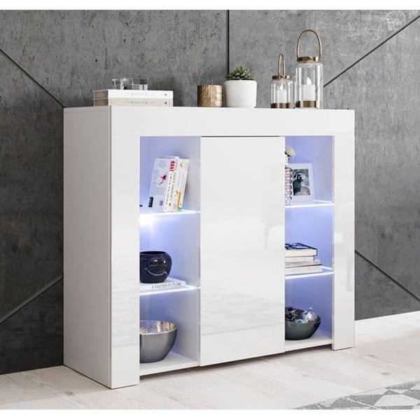 DESIGN AMEUBLEMENT - Lågt skåp samtida - Blank vitt - Melamin - Blå LED - 1 dörr - 94x35x83 cm