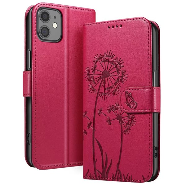 Plånboksfodral - ZANAÉ - iPhone 11 - Röd konstläder - Blommor och fjäril mönster - Fullständigt skydd