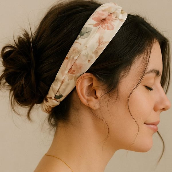 Snurrat Bandeau - AVIZAR - Blommigt Satin - Vit och Rosa - Bekväm - Elegant