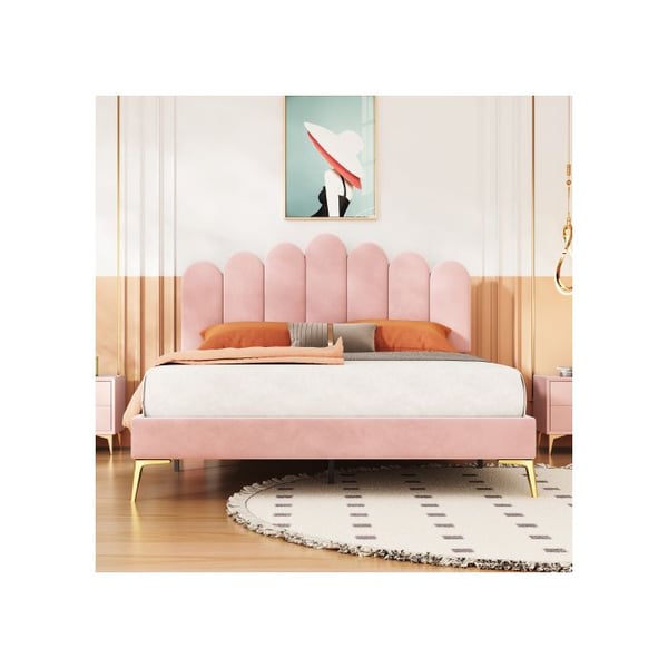 Dobbeltseng - MUVOE - 140 x 200 cm - Lys pink velour - Justerbar hovedgavl - 250 kg belastning