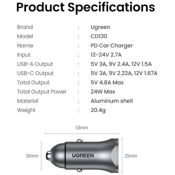 Bil laddare - UGREEN - 1 USB-C + 1 USB-A - 30W - Grå